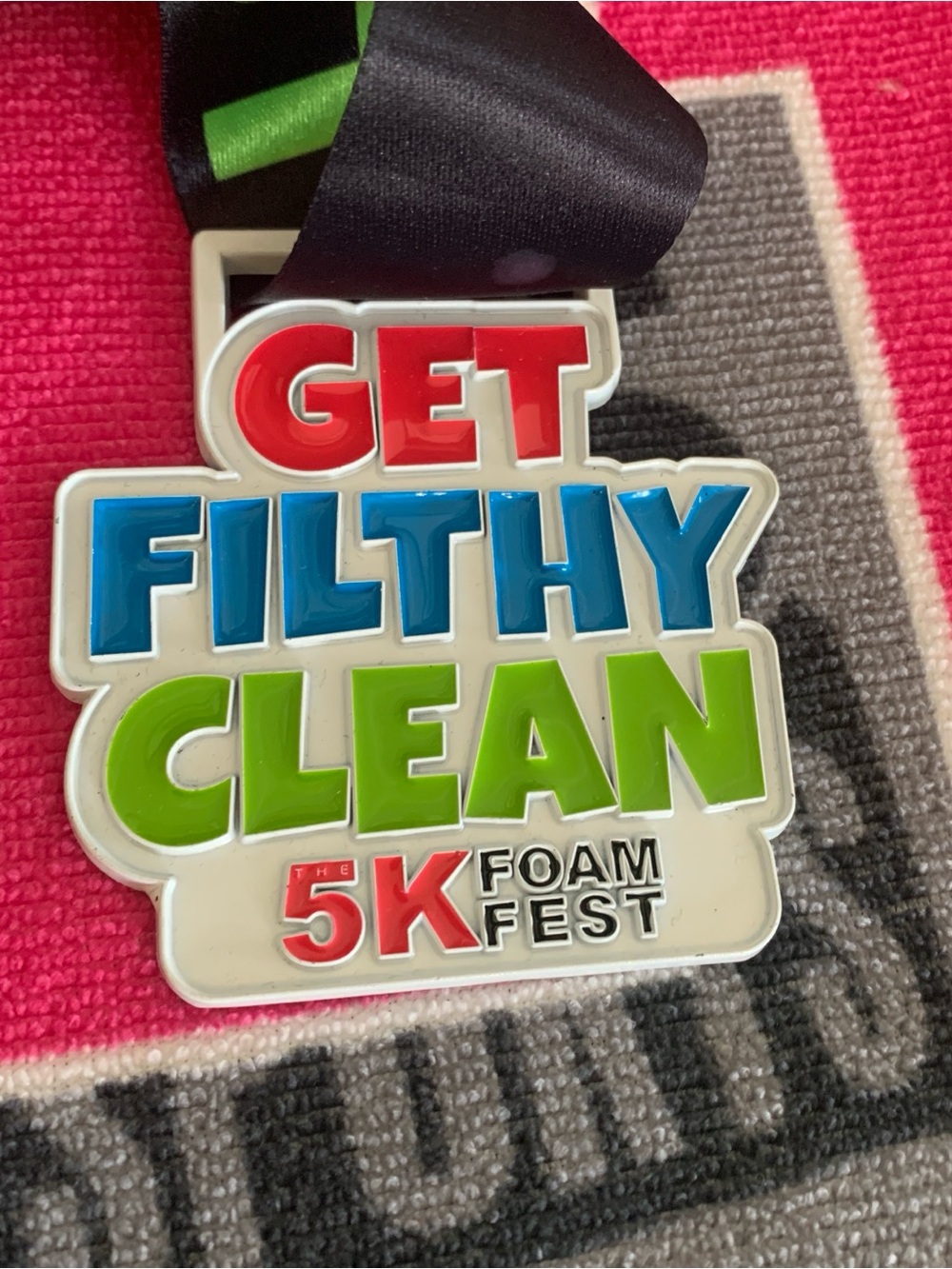 5K Foam Fest Medal and towel set - Get Filthy Clean, participation medal/towel